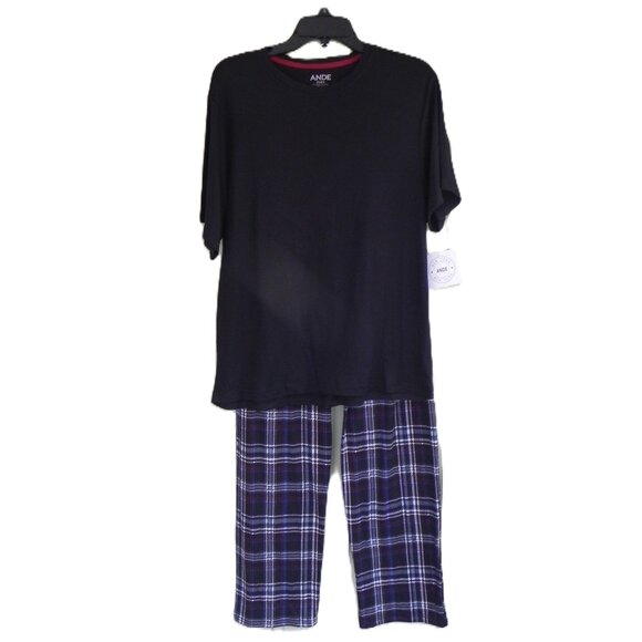 NWT Ande Men's 2-piece Pajama Lounge Set - Size Small - Black top & Plaid Pants - Picture 1 of 5